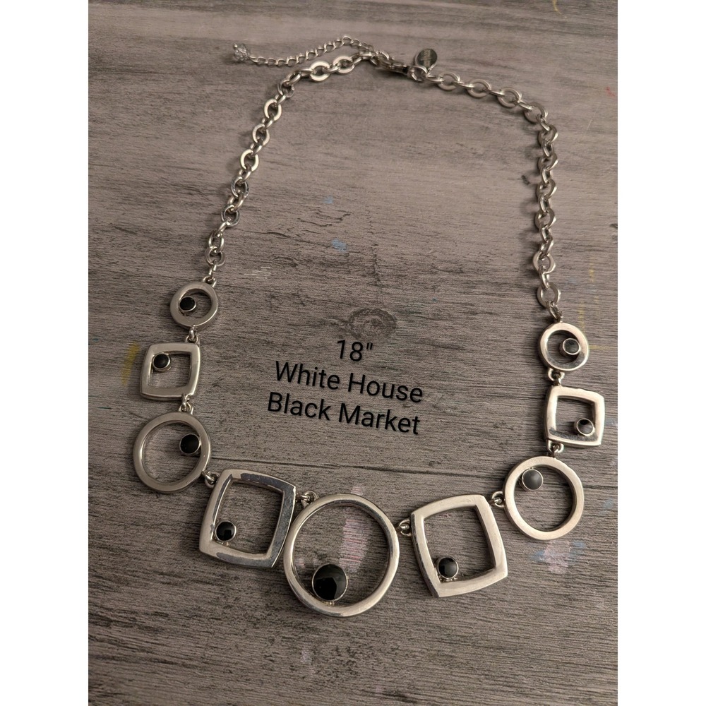 White House Black Market Silver Tone Geometric Black Cabochon Necklace 18 Inch
